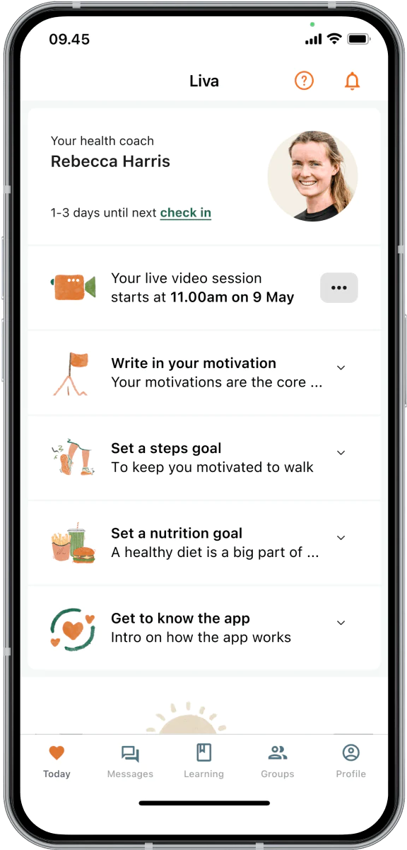 Liva app screen display showing user dashboard with health coaching and nutrition tracking features